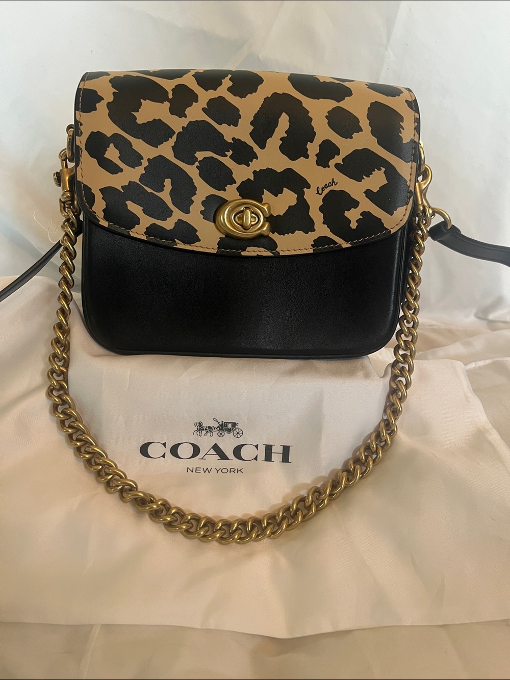 Coach Black Body Crossbody with Leopard Print Tan Flap